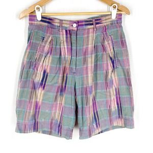 Aurea Vintage Plaid Shorts Purple Aqua 100% Cotton 9" High Waisted Summer 8